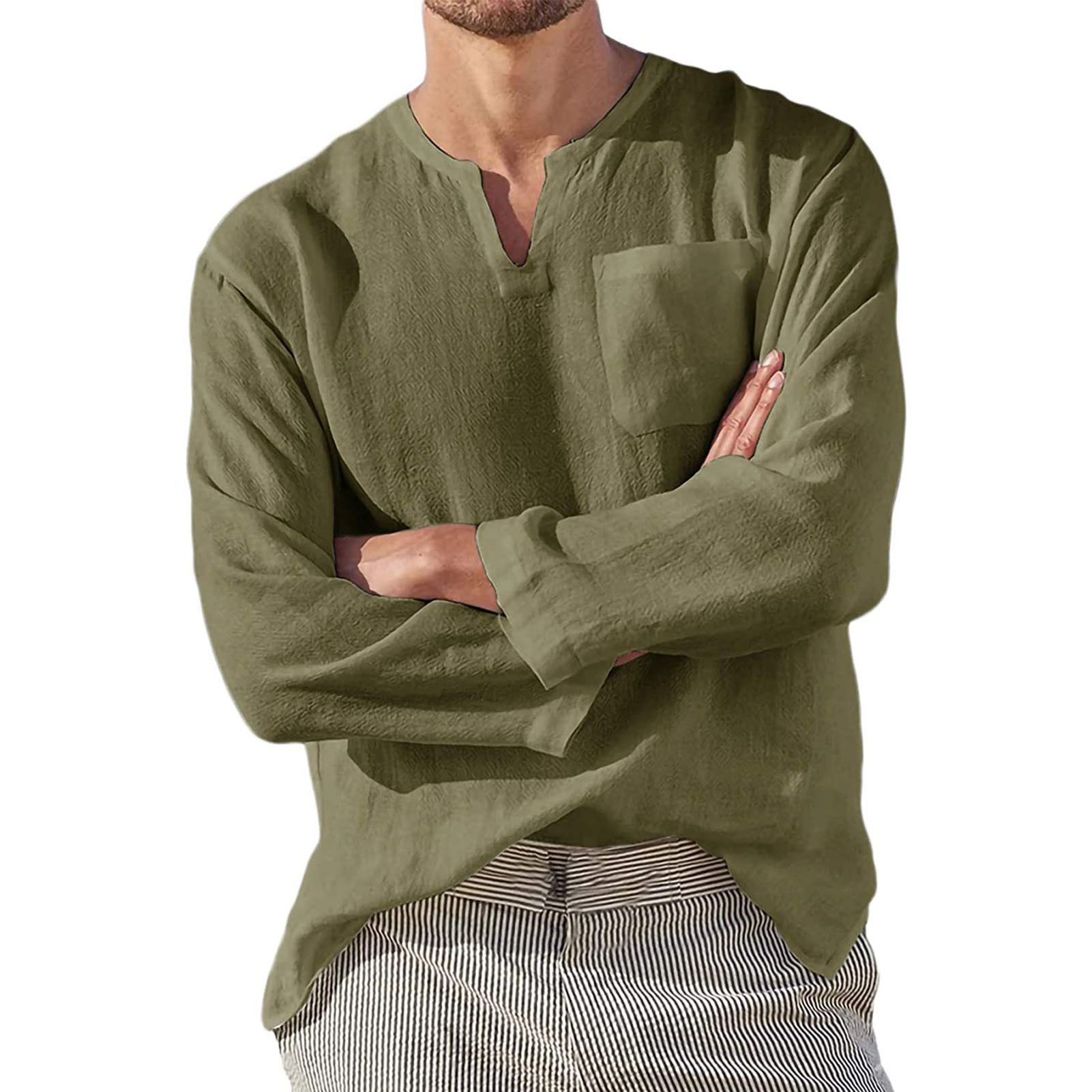 Casual Men Shirt Long Sleeve Solid Color V Neck Pocket Loose T-shirt Top for Work
