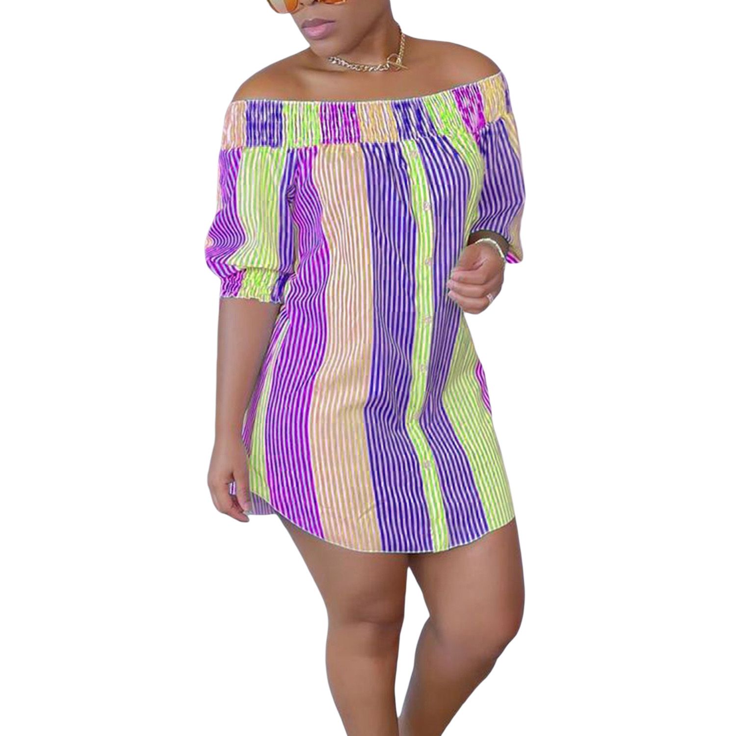 Women Color Block Dress, Adults Off Shoulder Smocked Striped Half Sleeve One-piece