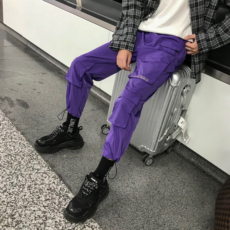 Men Streetwear Cargo Pants Overalls Mens Baggy Hip Hop Joggers Pants Pockets Harem Pants Purple Sweatpants Korean