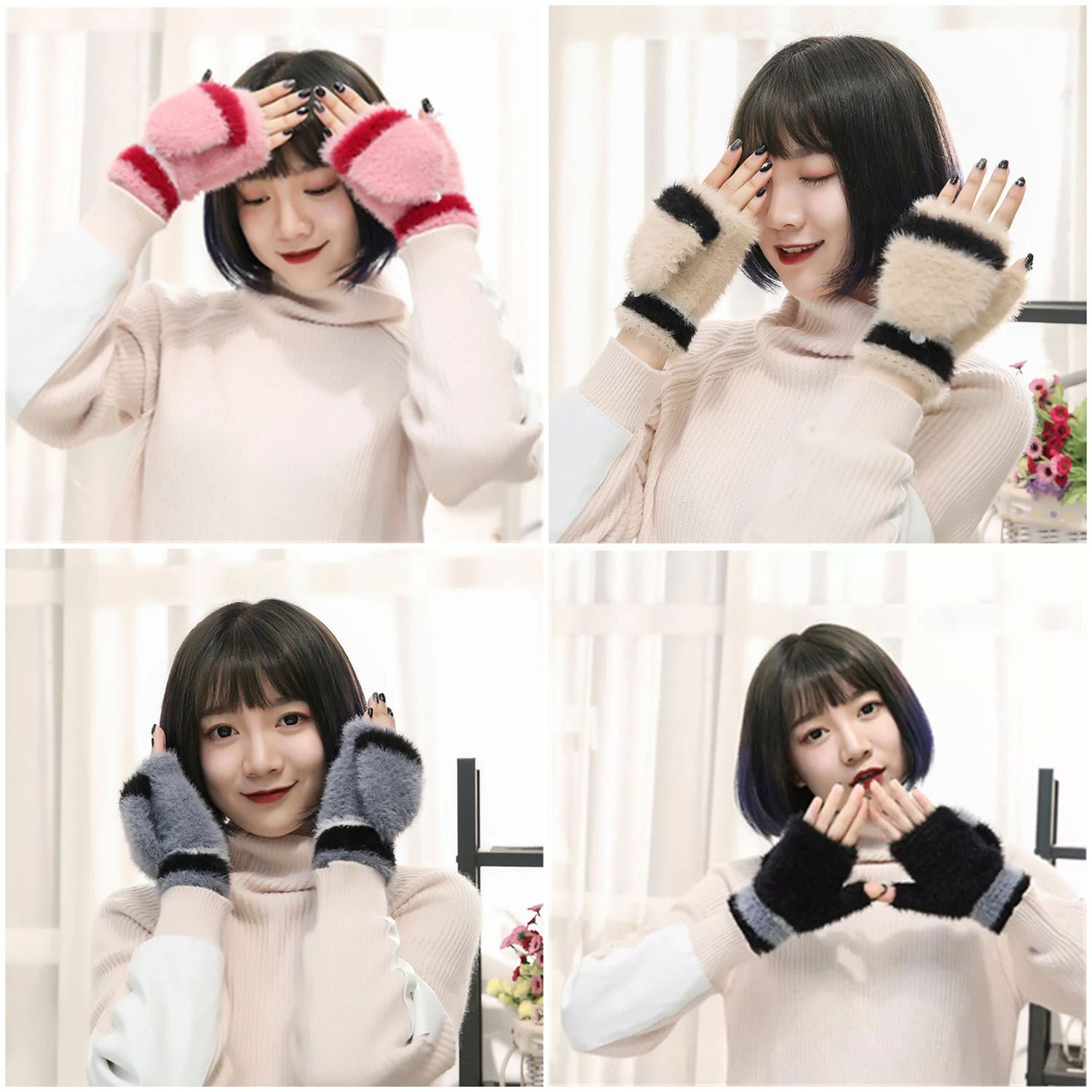 New Fashionable Women Fingerless Gloves Cute Faux Rabbit Fur Knitted Gloves Female Winter Knitting Warmer Wrist Hand Gloves. Gloves women's winter new knitted half-finger clamshell gloves student warm mink gloves touch screen gloves for Woman.