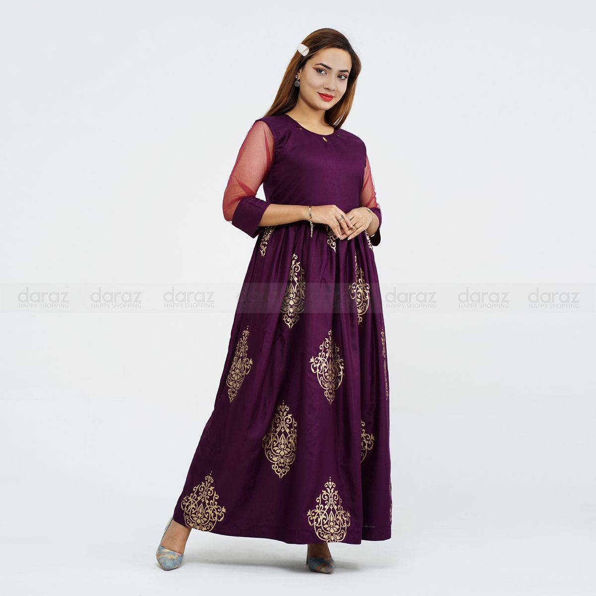 New Exclusive Ready made printed With Net Sleeve linen kurti for woman-4