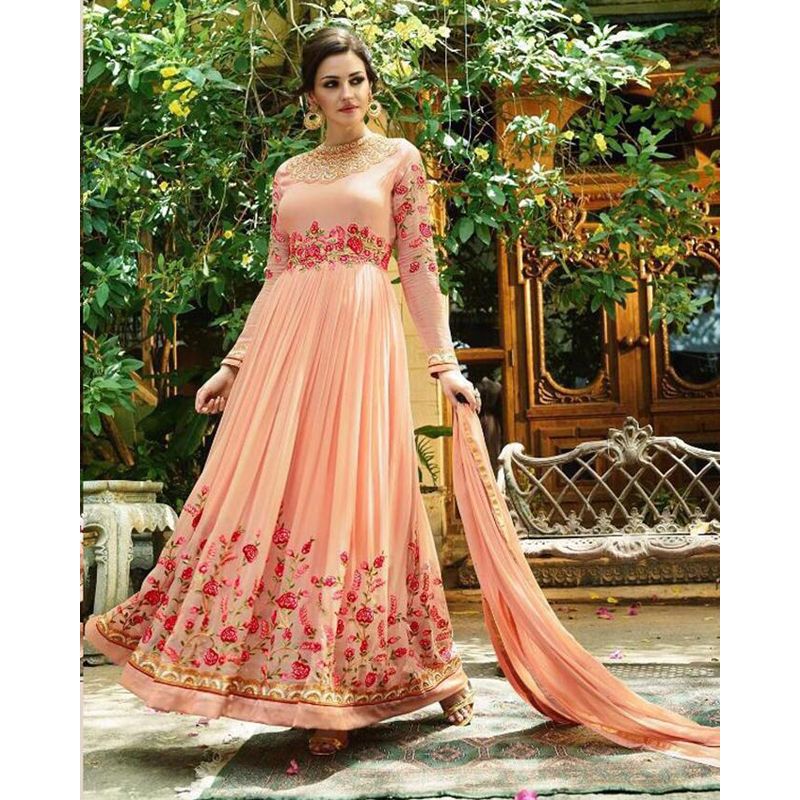 Light Coral Georgette Semi Stitched Gown for Women