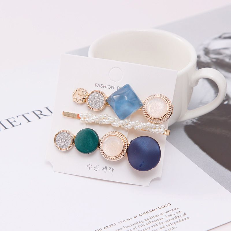 【BestGO】Fashionable Metal Pearl Hair Clip Acrylic Sequin Rectangular Hair Clip Set Female