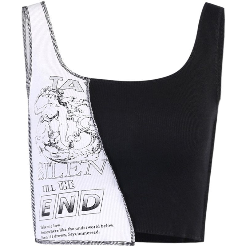 Gothic Black White Patchwork Tank Top Streetwear Punk Bodycon Funny Print Tanks Women Harajuku Sleeveless Crop Tops