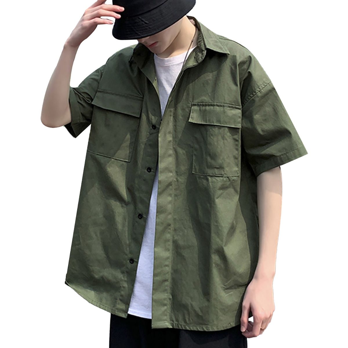 Short Half Sleeves Tooling Shirt Pocket Street Men Plain Loose Casual Blouse Top