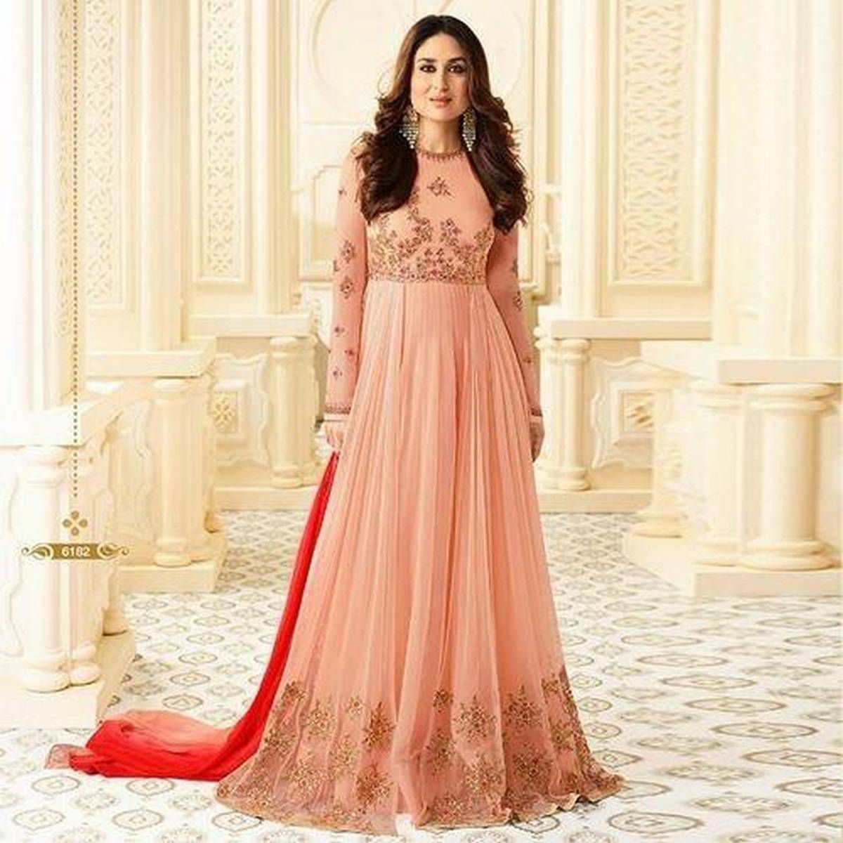 Semi Stitched Light Salmon Georgette Embroidered Gown for Women