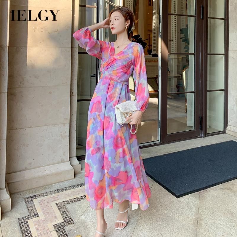 IELGY Women's dress Fashion Long sleeves A-line Printing V-neck Chiffon Casual Waist waist French style