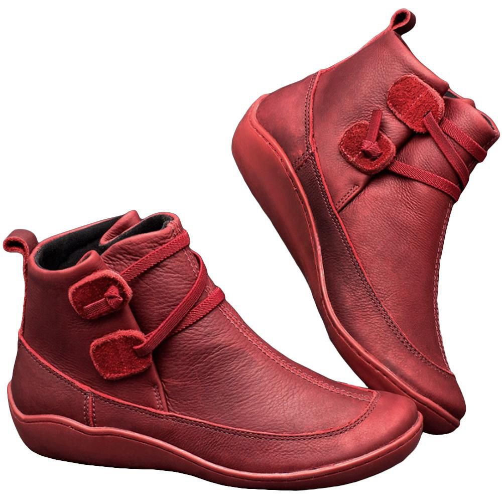 New Fashion Women's Medieval Vintage Leather Boots Braided Strap Flat Heel Waterproof Slip on Shoes Ladies Winter Round Toe Ankle Boots Plus Size