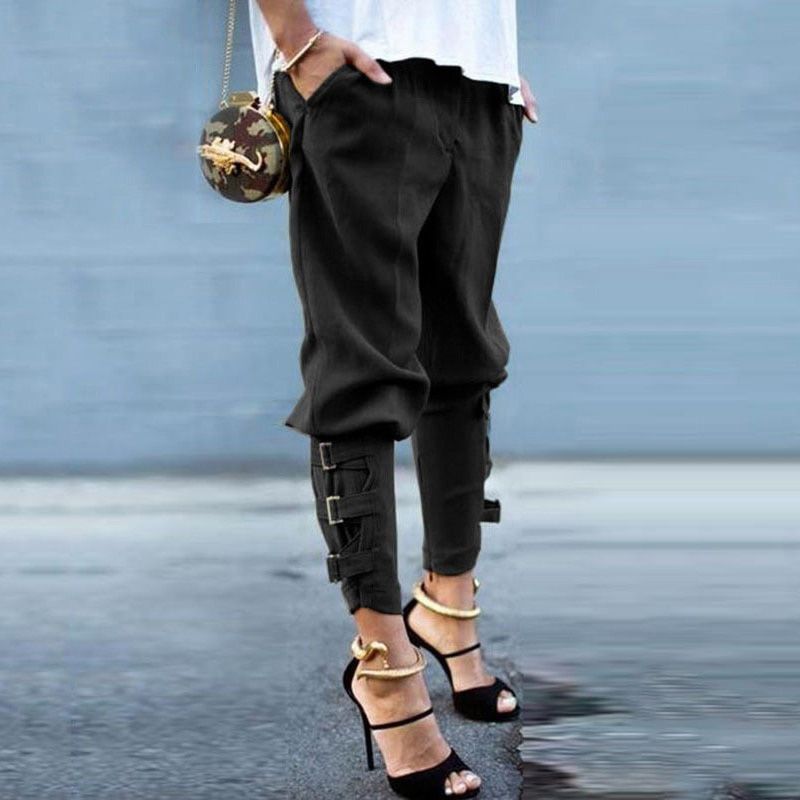 Vintage Casual Tie-Up Pencil Pants Trousers Autumn Fashion Solid Loose Harem Pants Women Elastic Waist Long Pants Streetwear