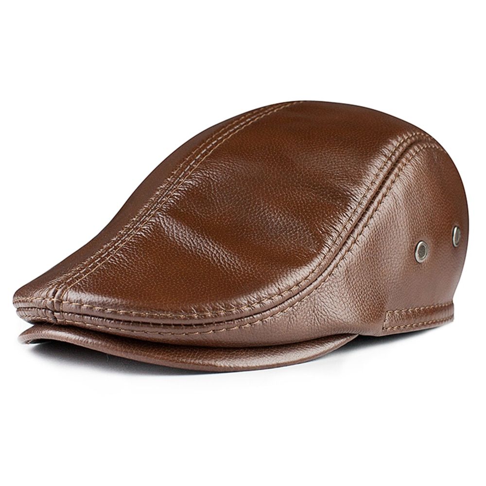 Cowskin Mens Beret Leather Flat Cap Brown Earflaps Warm Autumn Winter Gatsby Driver Ivy Hat Newsboy