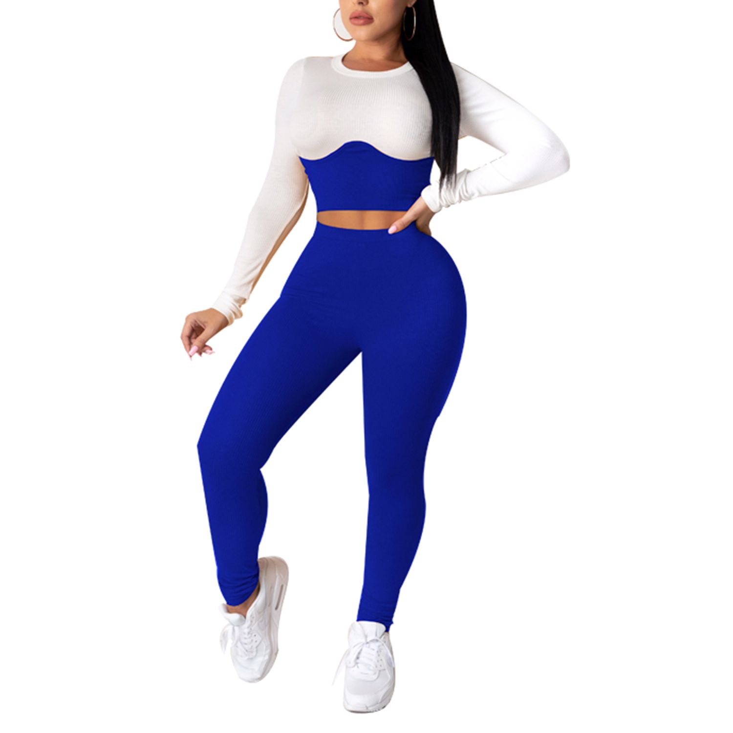2020 Women Skinny Two-piece Clothes Set, Long Sleeve Round Collar Crop Top + Long Pants, Black/ Dark Blue