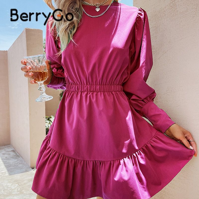 BerryGo College style lantern sleeves ruffled women dress green Elegant A-line elastic waist mini dress Female solid vestidos