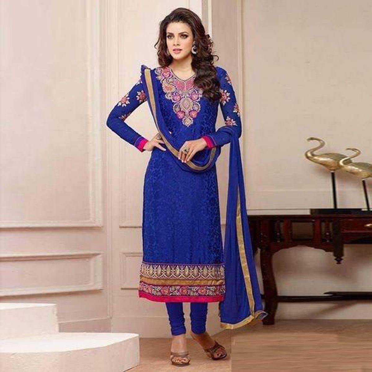 Unstitched Blue Cotton Block Printed Salwar Kameez For Women