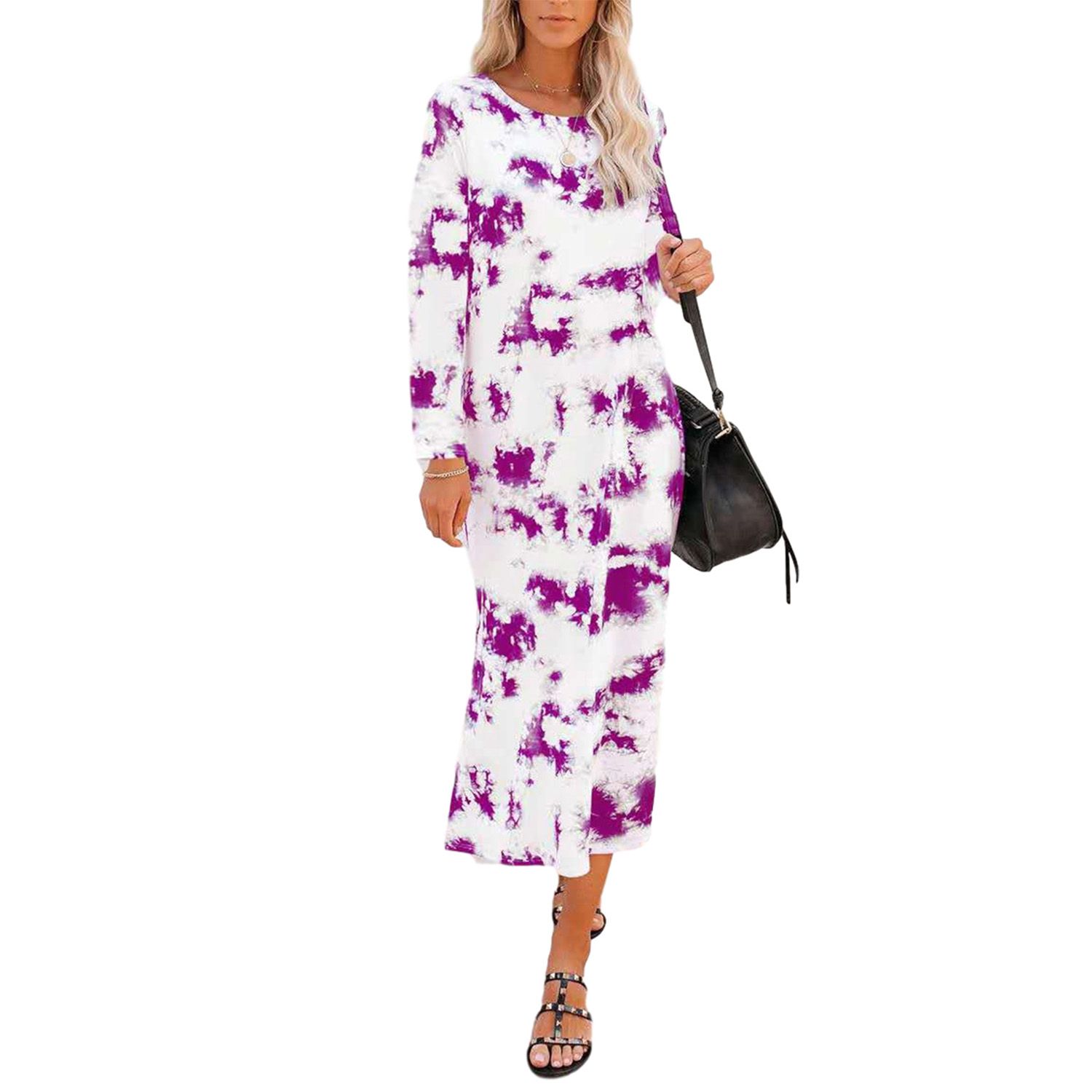 Women Fashion Round Neck Dress, Casual Tie-dye Long Sleeve One-piece, Loose Plus Size Tunic Top for Spring, Fall