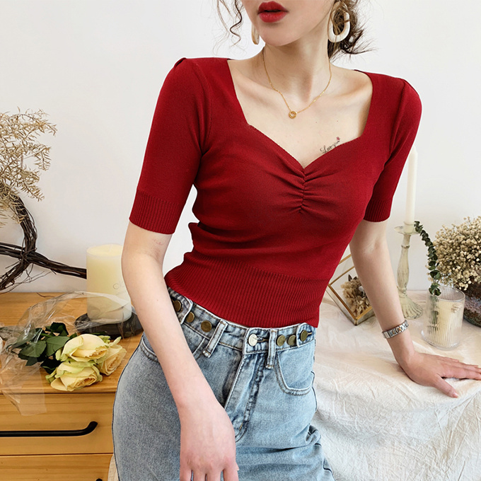 IELGY french short sleeve summer tight knit t-shirt square neck top women v-neck