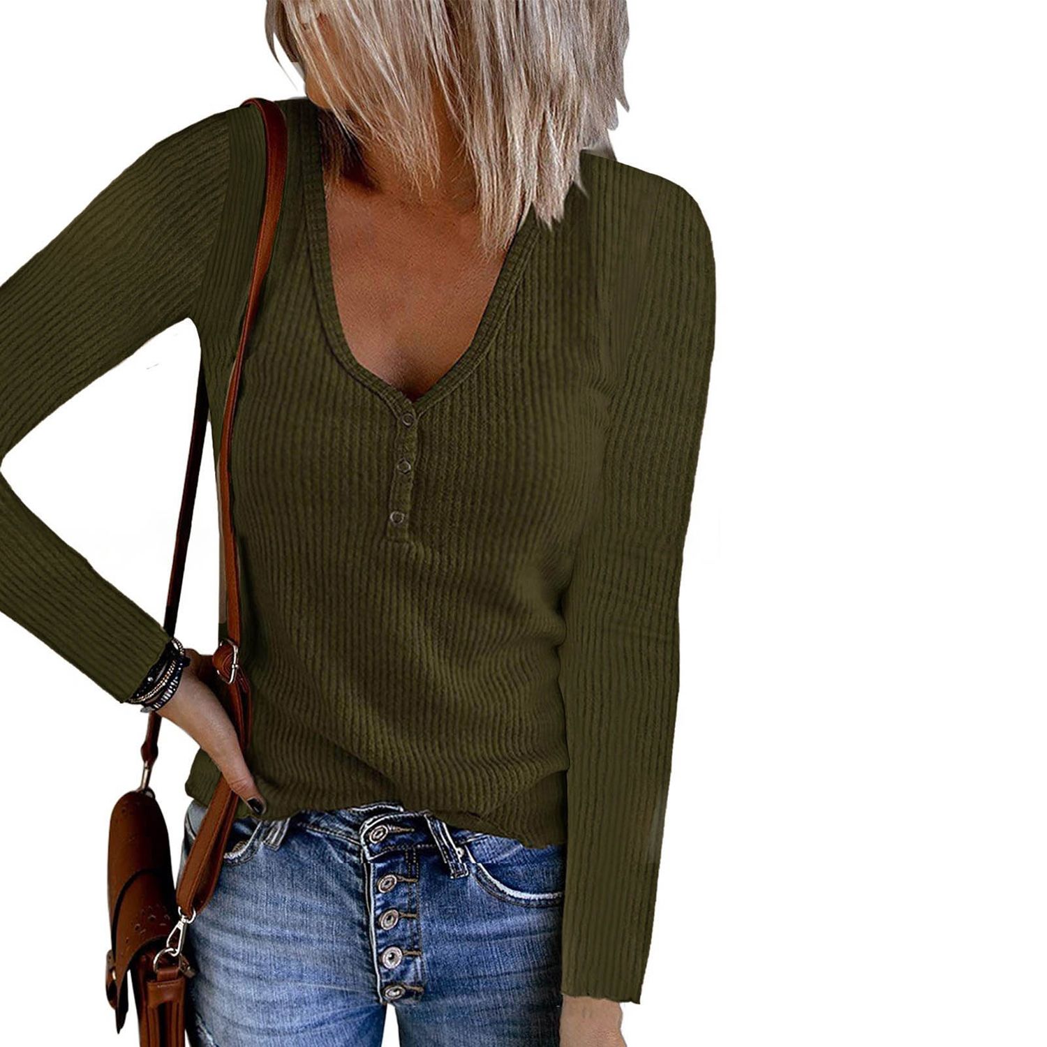 Women Blouse Long Sleeve Pure Color Loose-fitting T-shirt