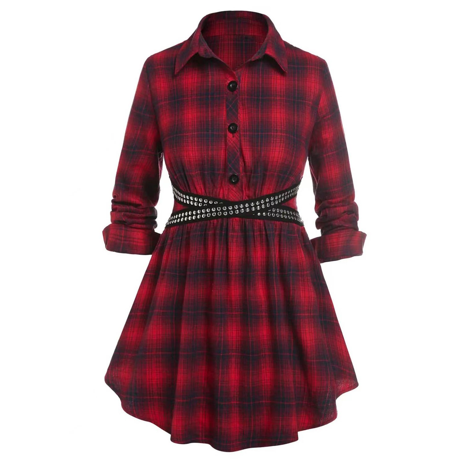 Women Shirt Turn-Down Collar Plaid Pt Slim Autumn Shirt