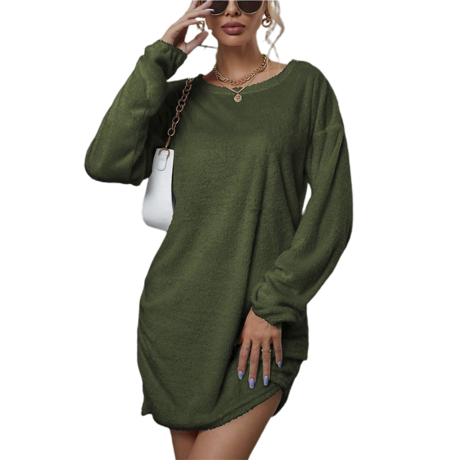 Office Lady Dress Above Knee Length Pure Color Warm Dress