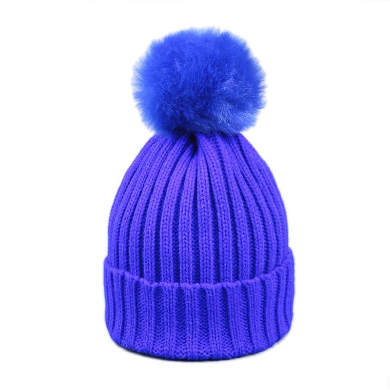 Children Cap Knitted Skullies Hats False Fur Pompon Hat White Autumn Winter Warm Pure Colour High Quality Kids Hat