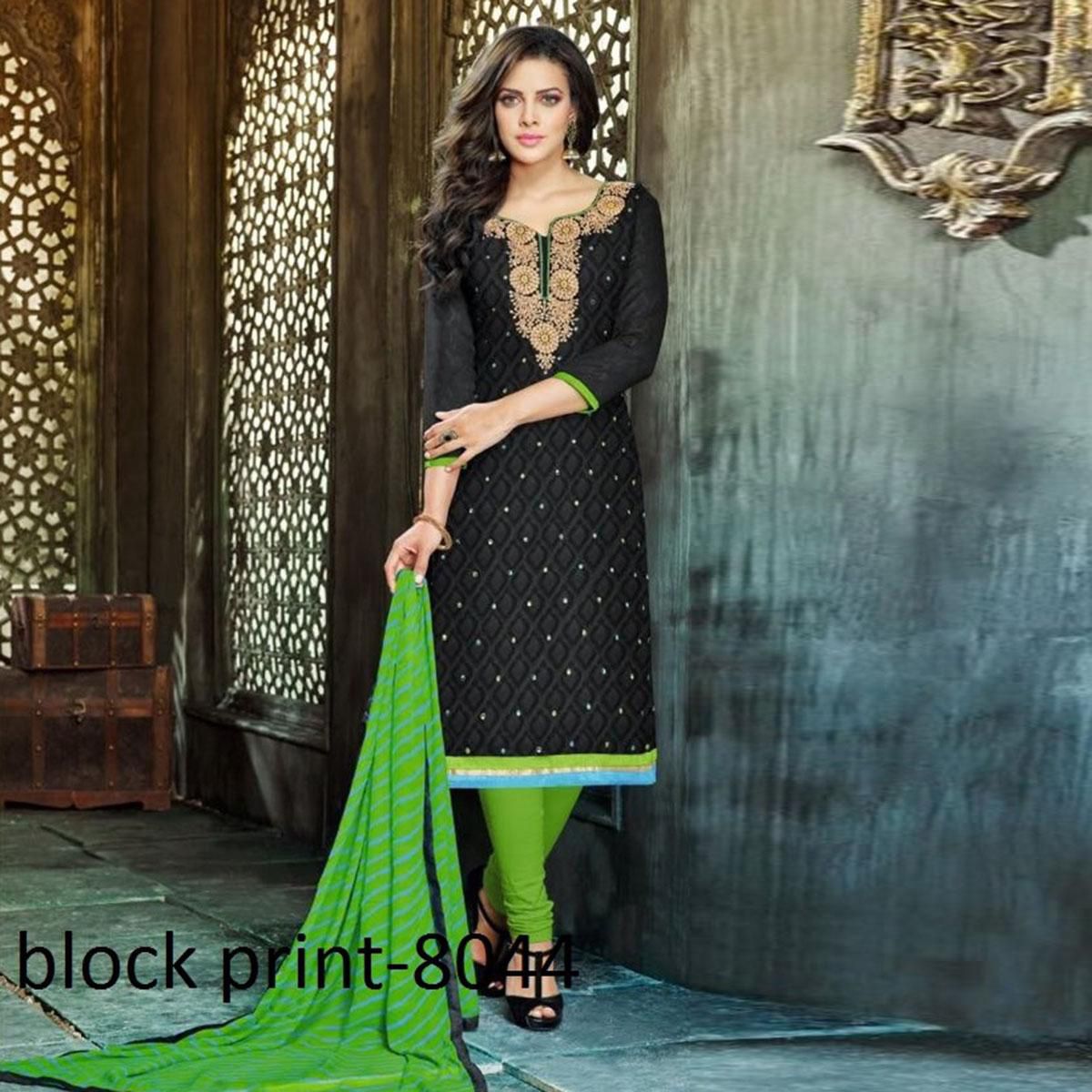 Unstitched Black and Green Cotton Salwar Kameez For Women