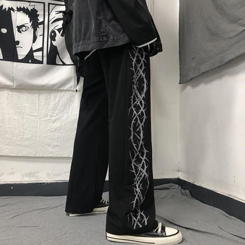 Retro Women Pants Thorns Printed Elastic Waist Loose Wide Leg Pants Fashion Streetwear Grunge Dark Casual Pants Uni
