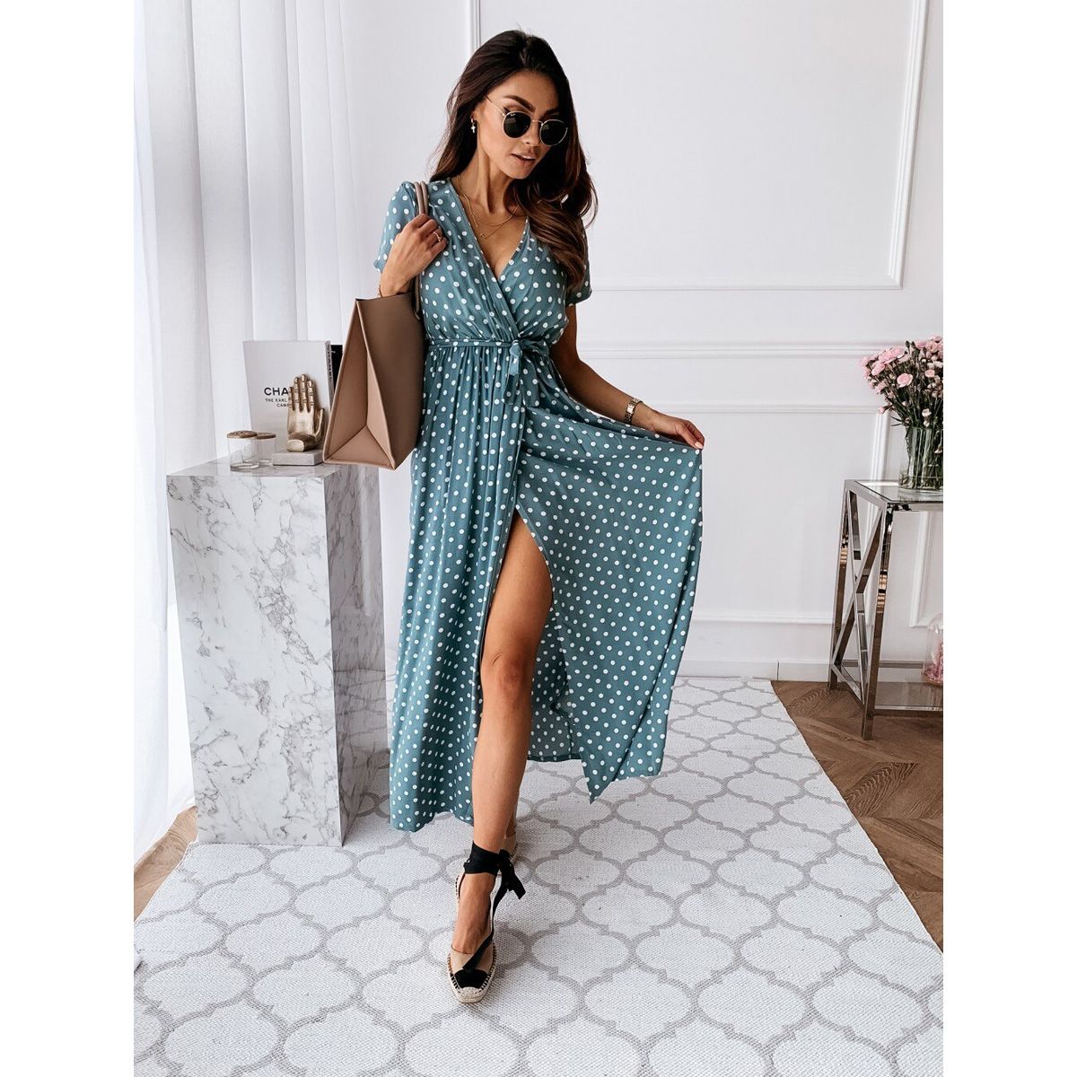 Womens Summer Fashion Maxi Dress Short Sleeve V-Neck Ladies Polka Dot Dreeses Split Vestidos For Femela Boho Beach Holiday Dress