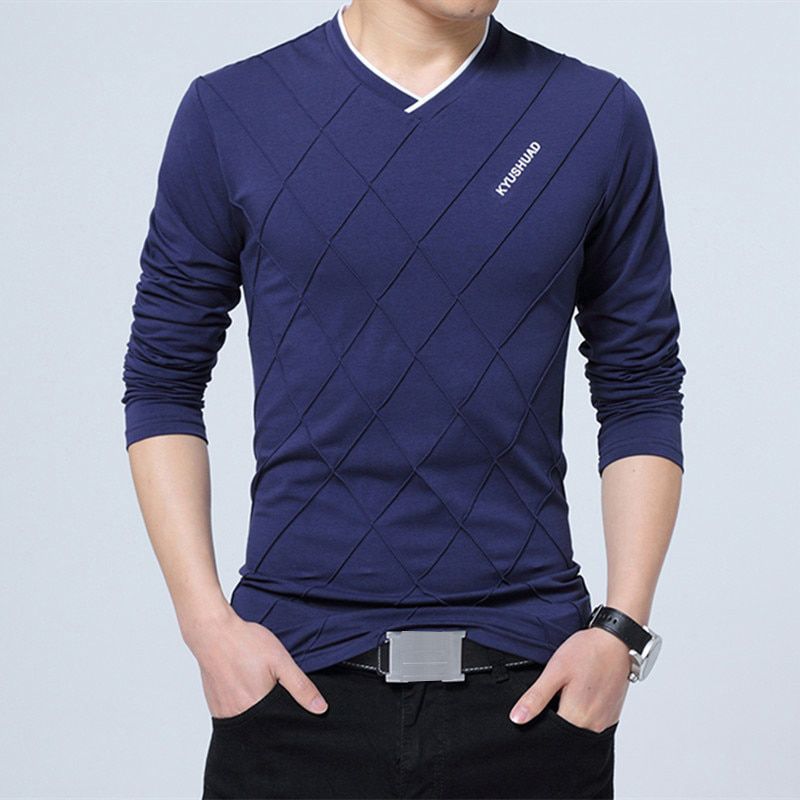 BROWON 2021 Fashion Men T-shirt Slim Fit Custom T-shirt Crease Design Long Stylish Luxury V Neck Fitness T-shirt Tee Shirt Homme