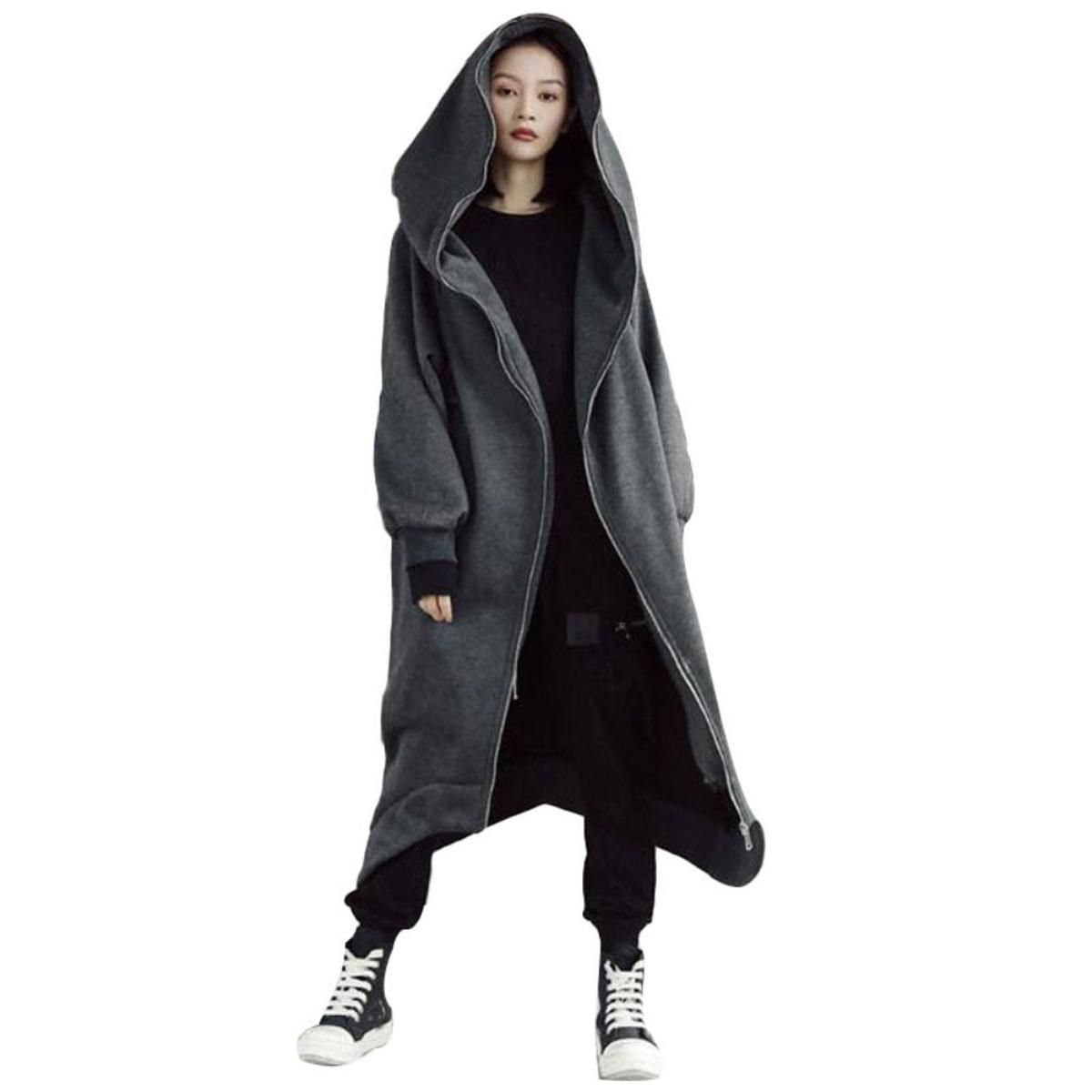 Plus Size Women Autumn Winter Solid Color Zip Hooded Sweatshirt Long Fleece Coat