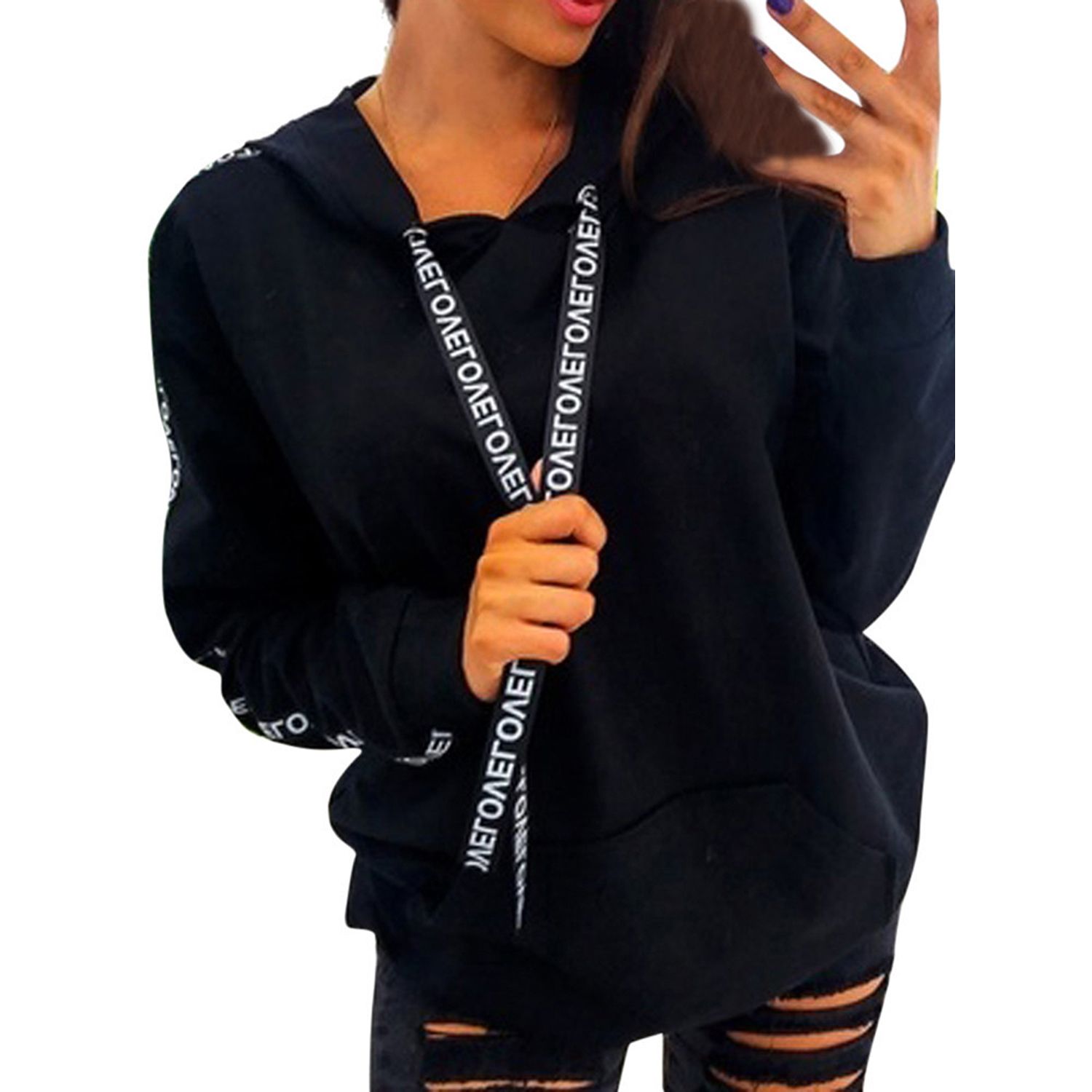 Women Loose Oversize Hoodie, Long Sleeve Hooded Letters Pattern Pullover, Black/ Pink/ Red/ Blue