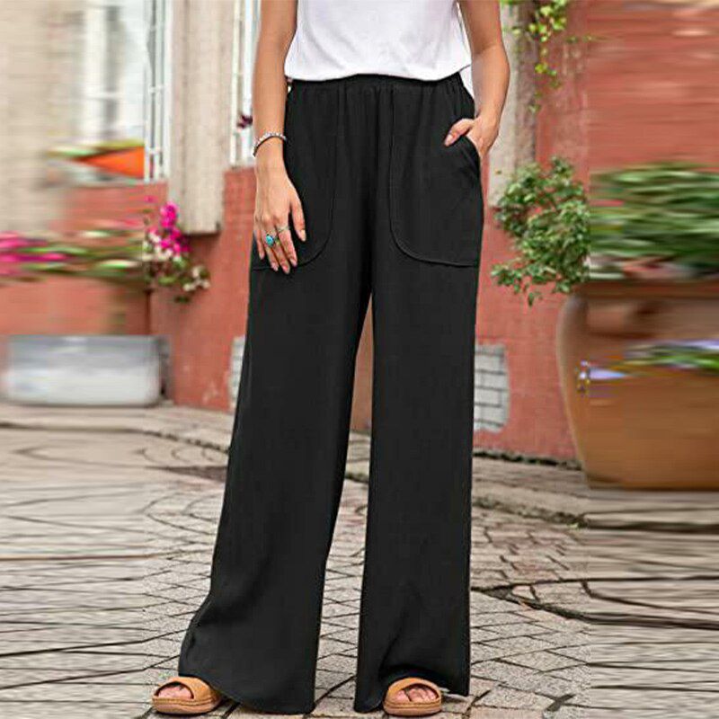 Women's Cotton Linen Pants High Waisted Harem Loose Soft Elastic Waist White Summer Pants Blue Casual Trousers For Female