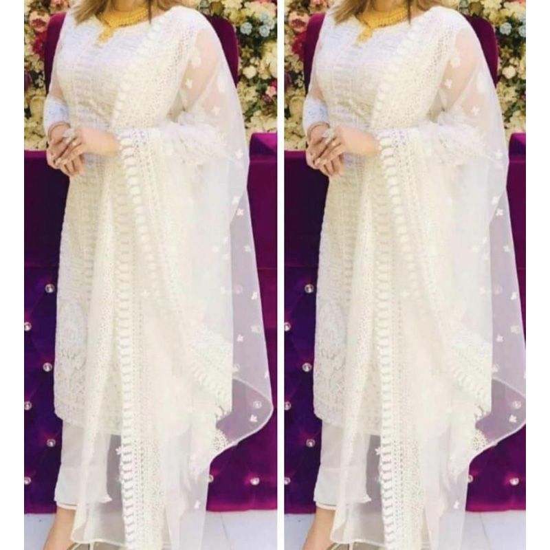 Indian Stylish Unstitched Georgette Pest Color Net Fabrics Salwar Kameez Four Piece (4 Piece) For Women