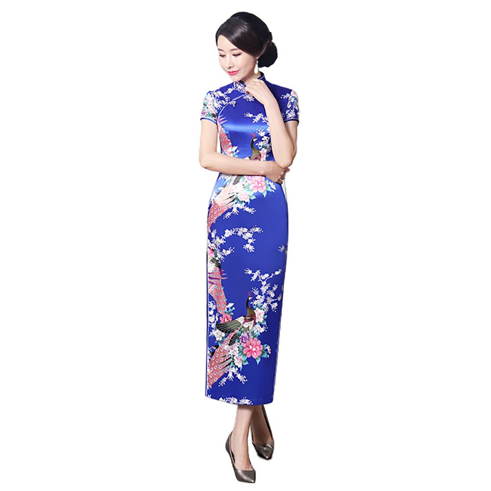 Women Chinese Short Sleeve Peacock Slitting Hem Cheongsam Banquet Midi Dress