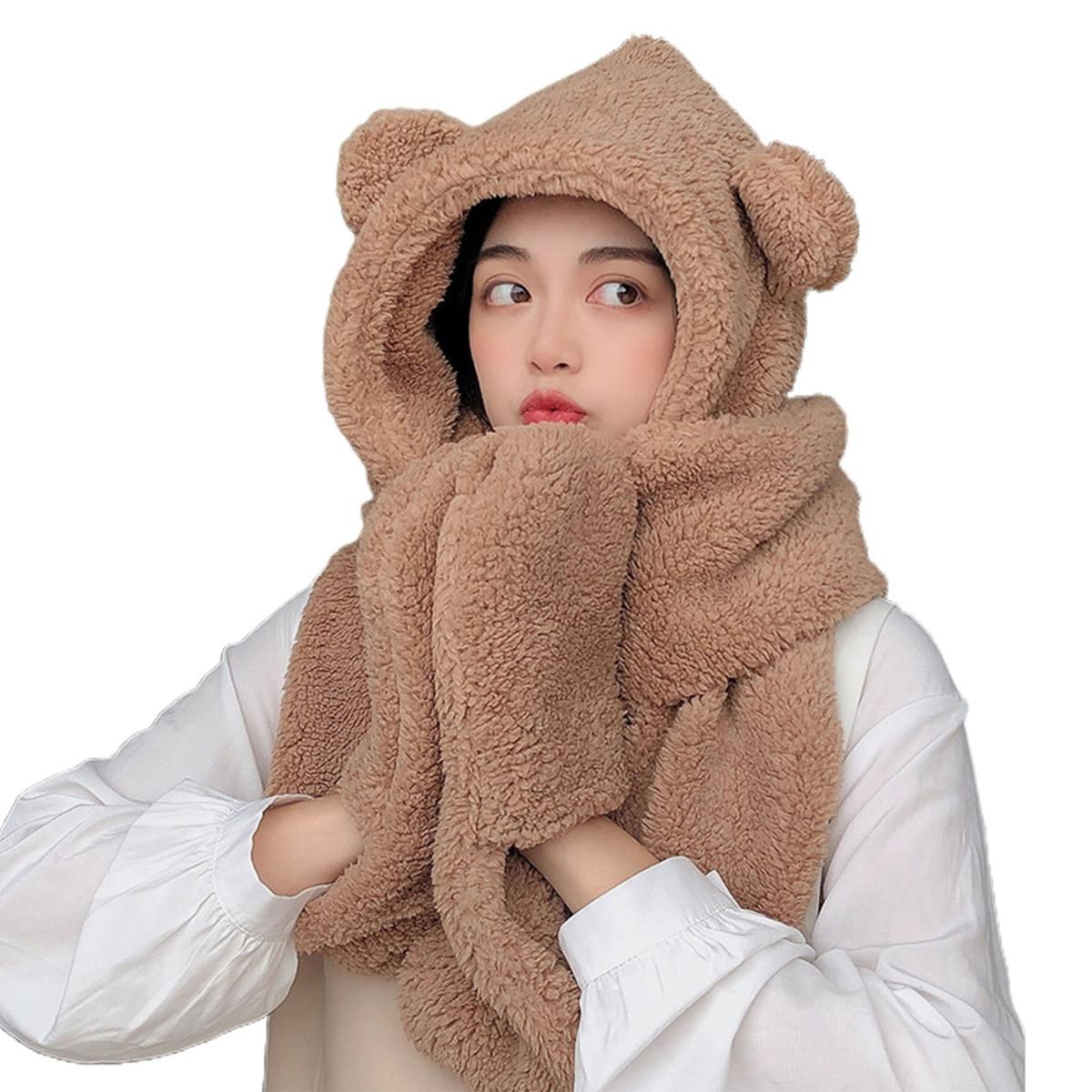 Women Hat Solid Color Coldproof Brimless Hat Scarf Gloves