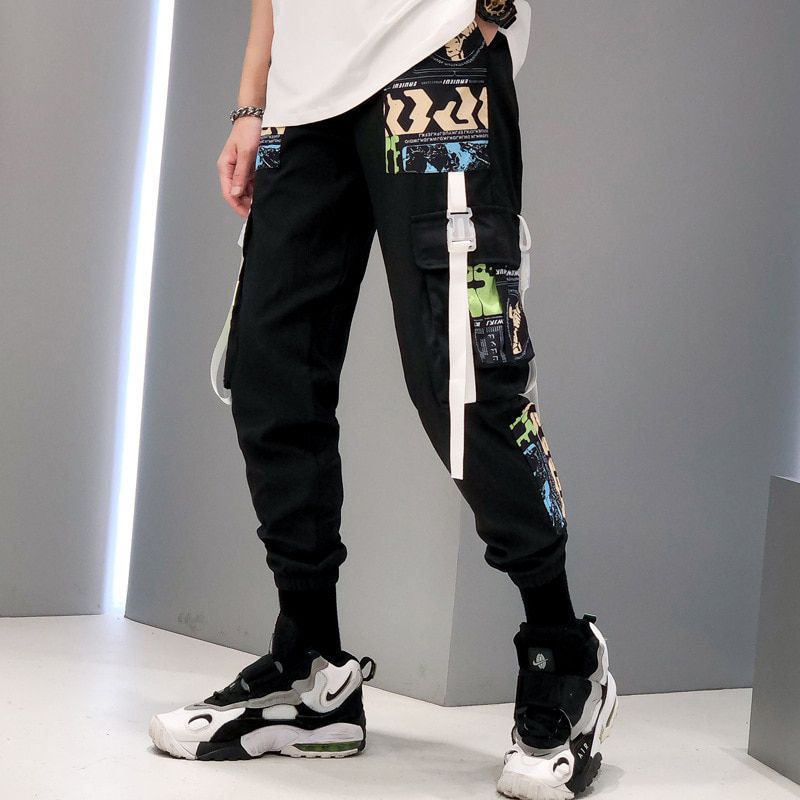 Fashion Swag Streetwear Men Reflective Hip Hop Loose Cargo Pants Male Joggers Graffiti Ribbon Linen Pants Techwear Trousers