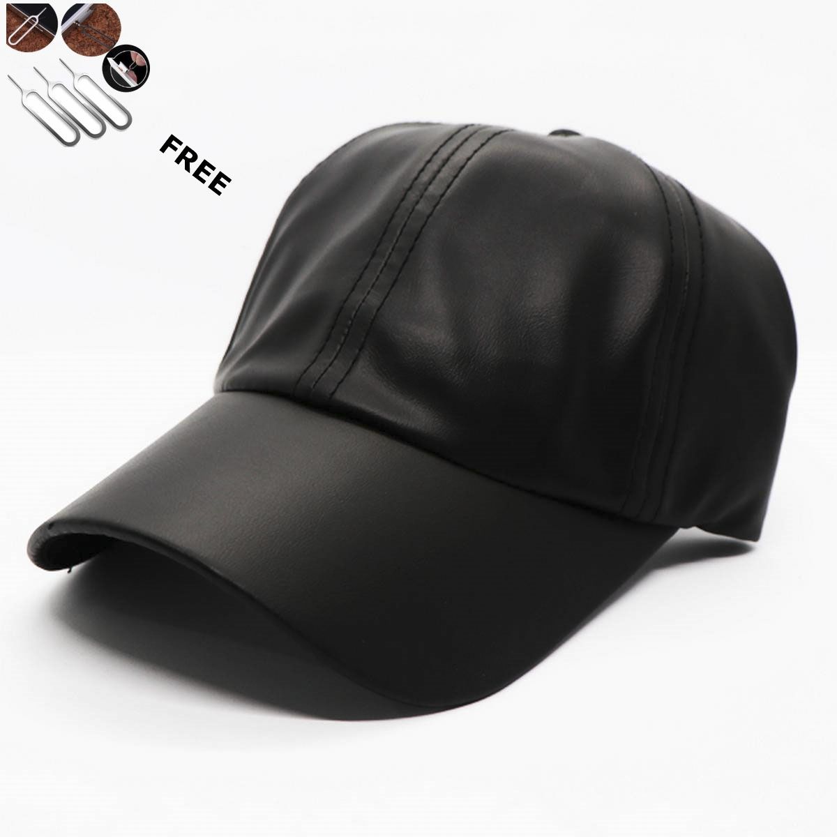 Plain Black Artificial Leather Curved Cap