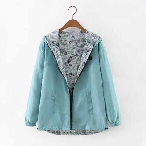 Women Two Side Wear Windbreaker Jackets Spring Autumn Hooded Zipper Loose Cartoon Print Outwear Female Coat RE2277