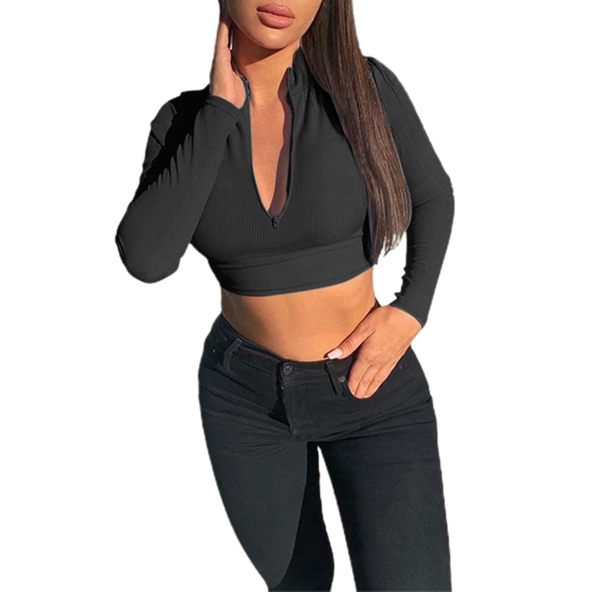 Women Slim Zipper Navel Top, Long Sleeve Half Open Collar Cotton Textile Casual Sports Solid Color Short T-shirt