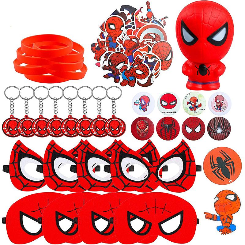72Pcs Spider Superhero Theme Party Supplies Squeeze Toy Sticker Rubber Bracelet Badge Keychain Party Favor for Children