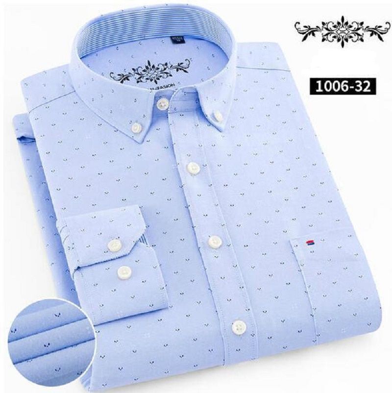 Men's Long Sleeve Oxford Plaid Striped Casual Shirt Front Patch Chest Pocket Regular-fit Button-down Collar Thick Work Shirts
