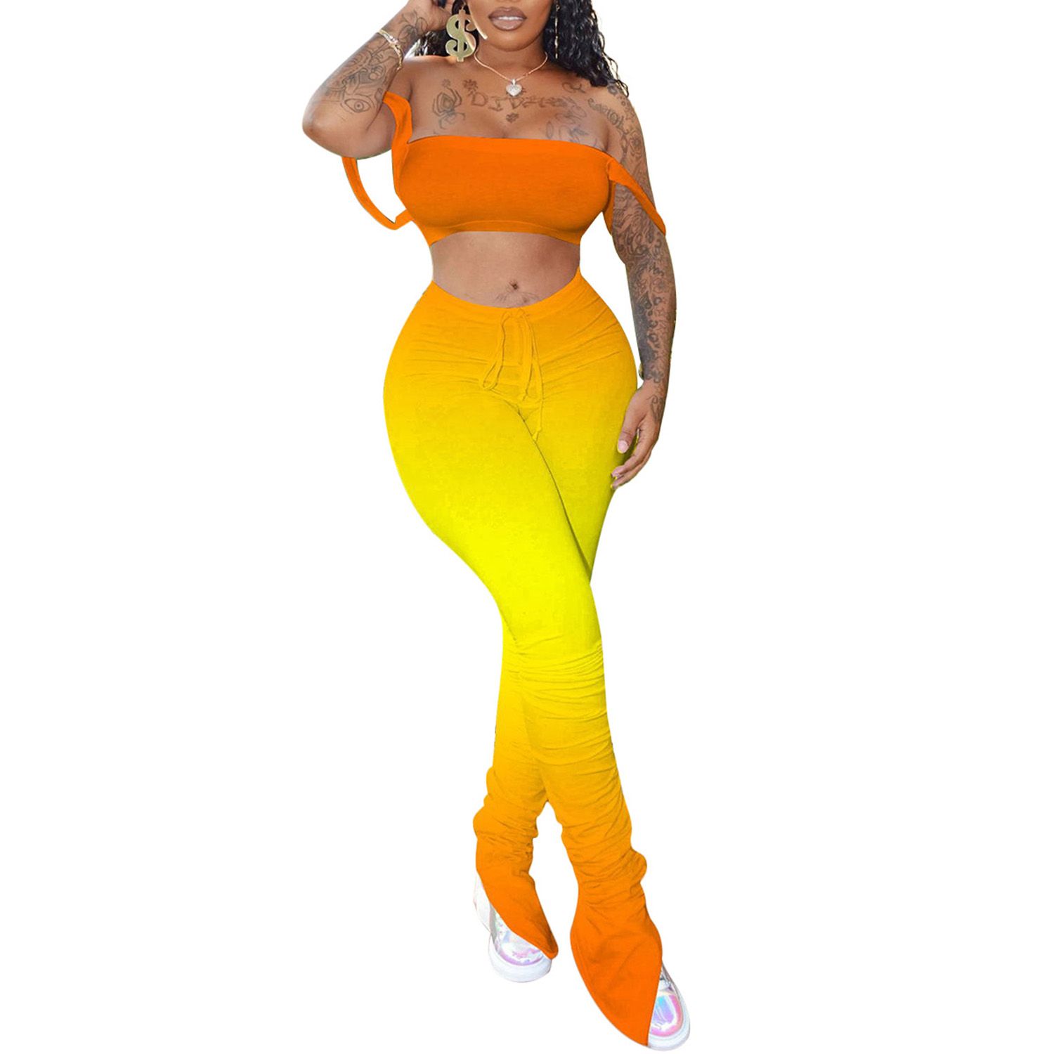 Women Fashion 2-piece Outfit Set Solid Color Top and Gradient Color Pants Set for Women Ladies