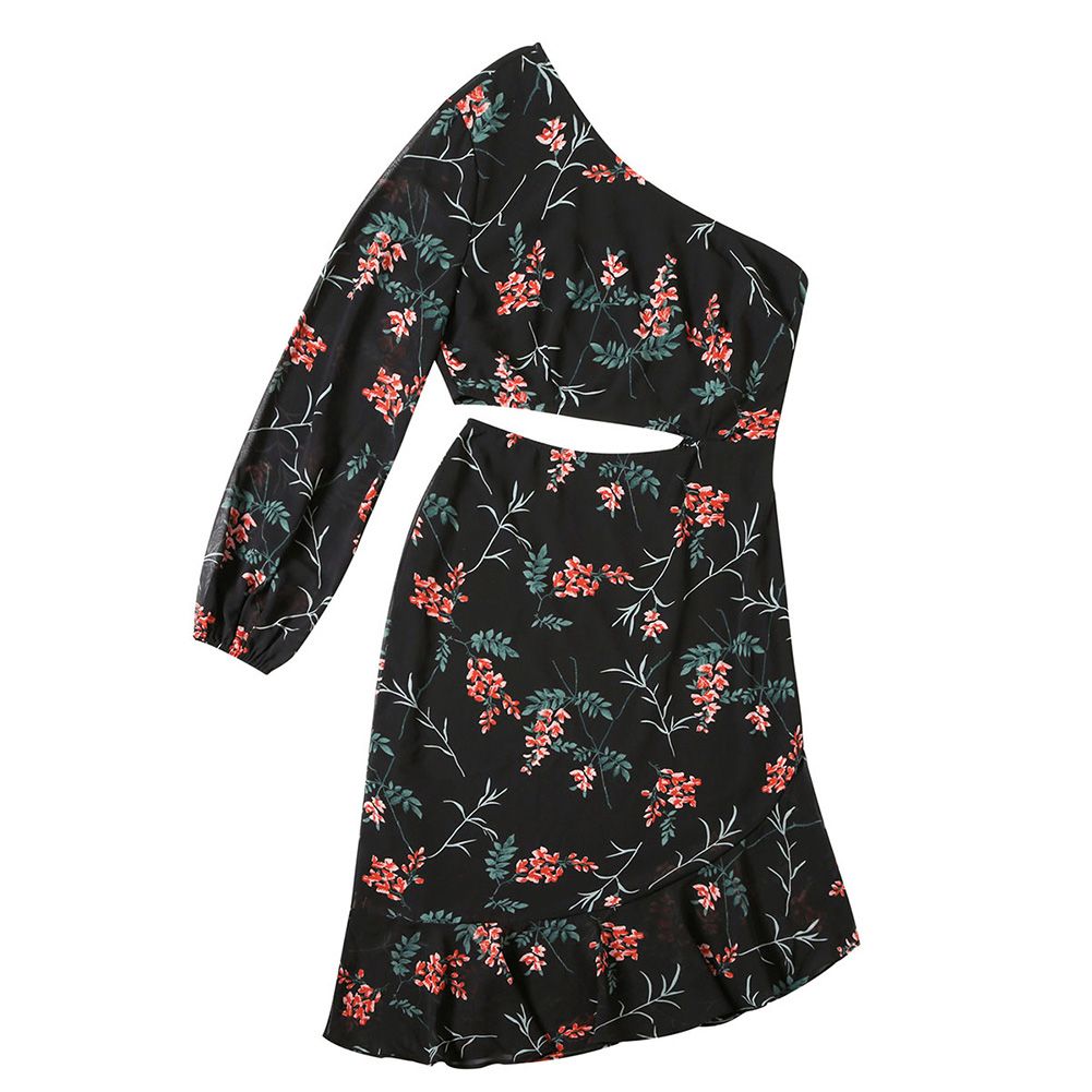 Single Shoulder Sleeveless Women Summer Hollow Flower Print Ruffles Dress
