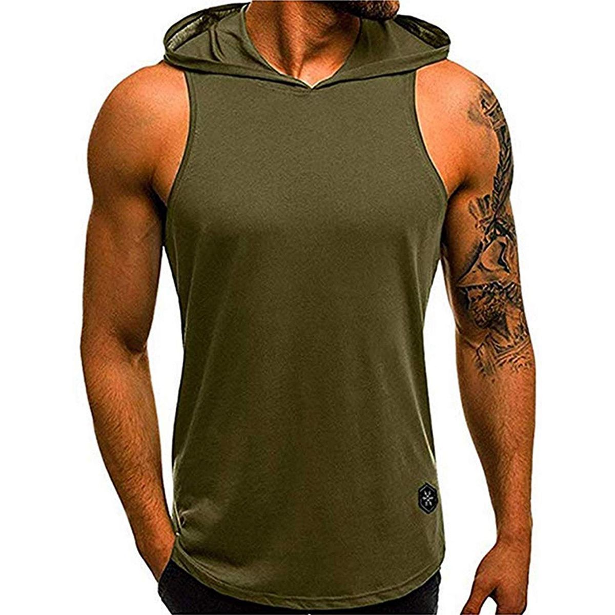 Solid Color Casual Men Muscle  gym Hoodie TaTop  Letter Loose cotton Bodybuilding Sleeveless Vests Hooded Men T-shirt