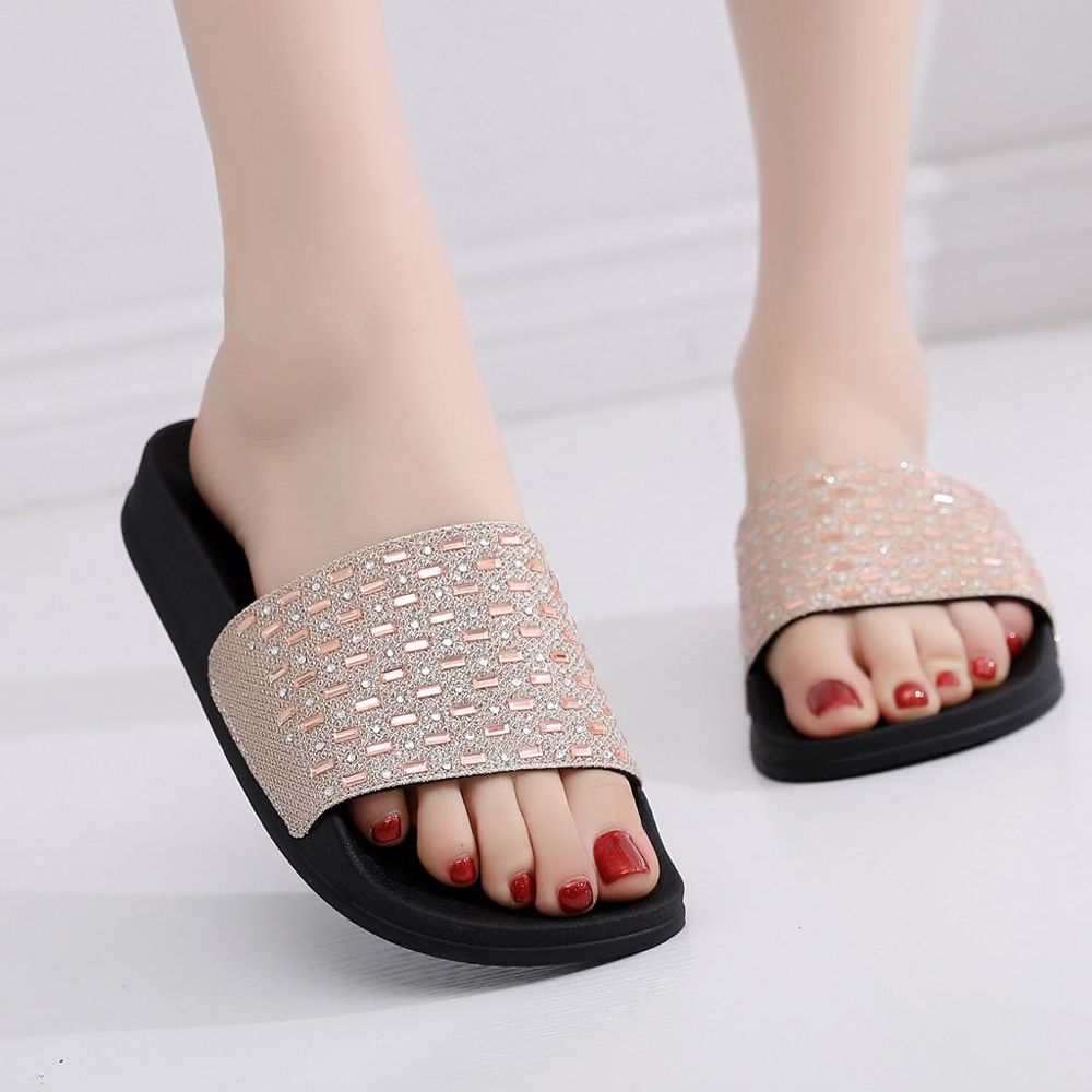 Summer Women's Sequins Flat Soft Slippers Non-Slip Rhinestone Sandals Beach Shoe