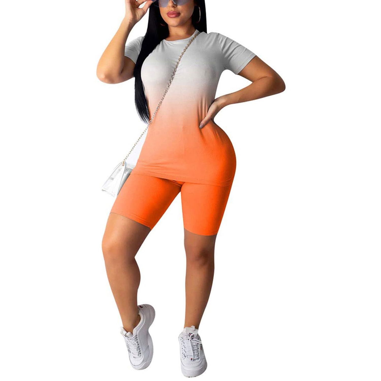 2021 Women 2PCS Sport Set, Gradient Pattern Short Sleeve Round Neck Slim Top, High Waist Elastic Band Sho