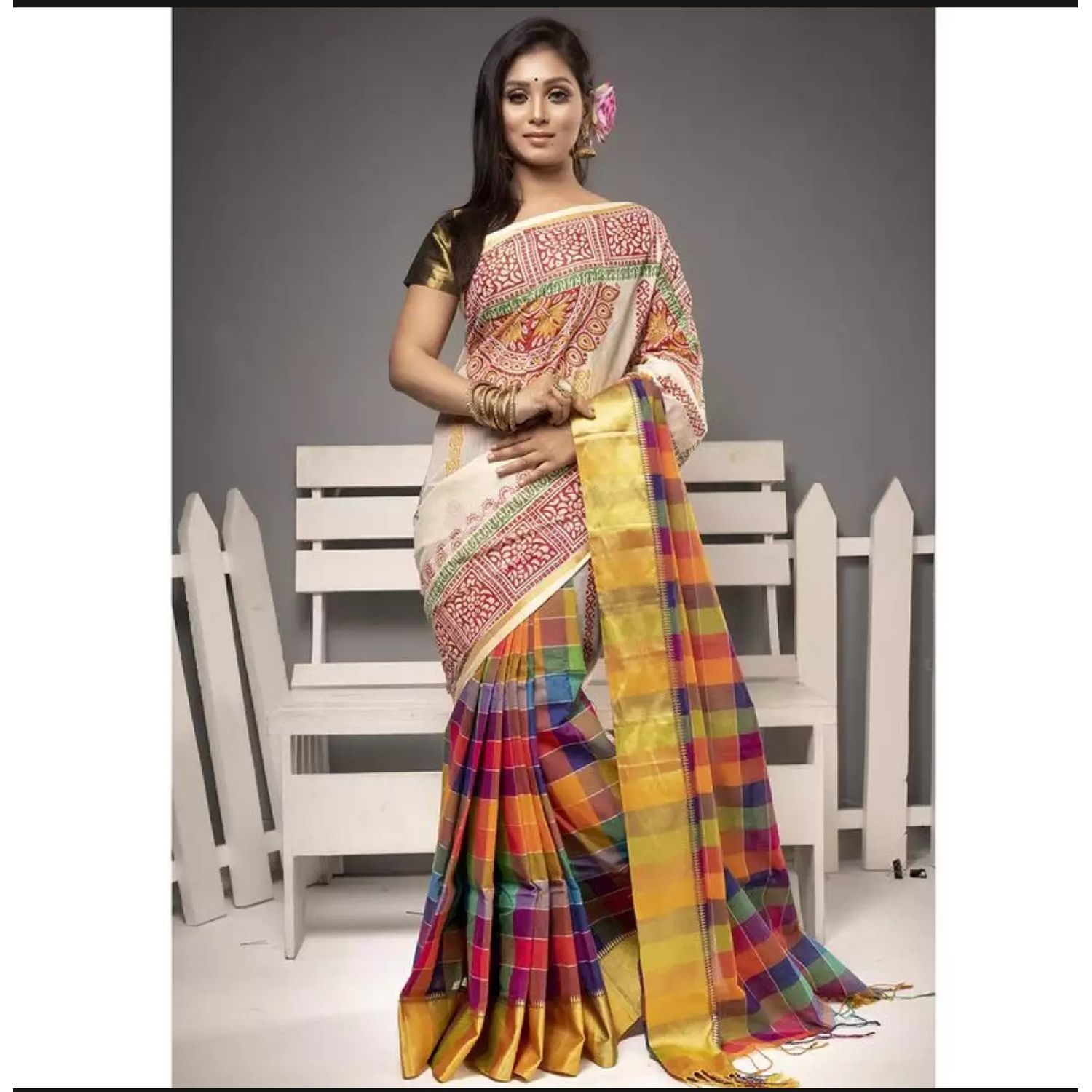 Multicolor  Cotton Saree For Women With Blouse Piece