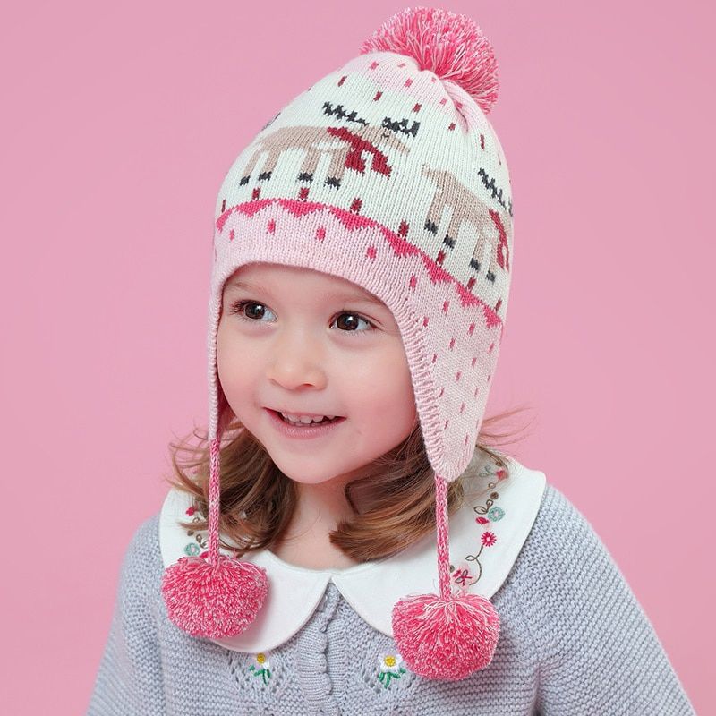 Connectyle Boys Cute Deer Winter Beanie Cotton Knit Fleece Kids Hats Earflap Fall winter Skull Cap With Pom-Pom