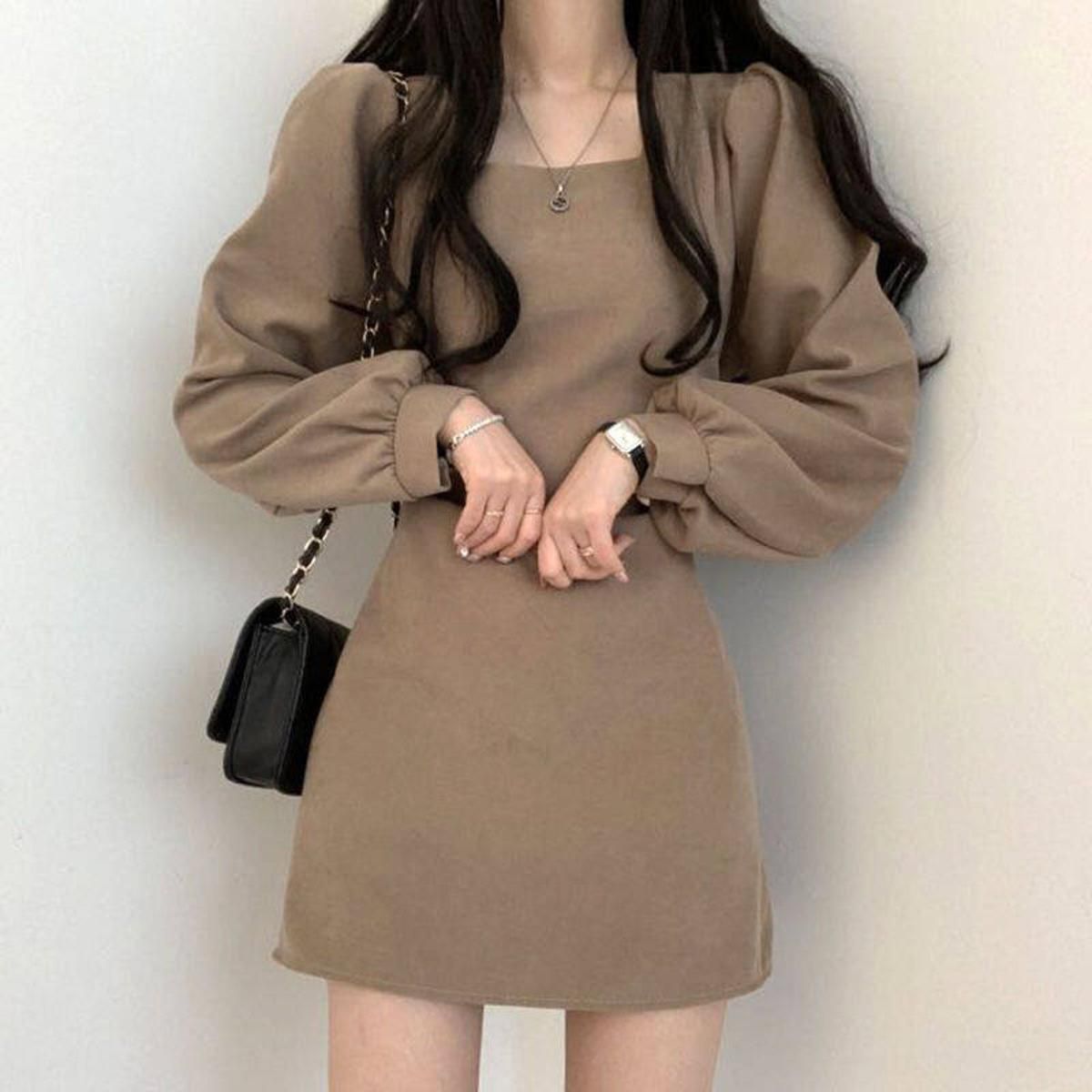 IELGY women's Korean style retro temperament square neck puff sleeves waist slim short long-sleeved dress
