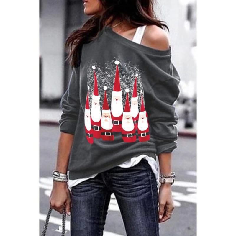 Women Christmas Long Sleeve Shirts One Shoulder Cartoon Santa Claus Lightweight Sweatshirt Casual Tops S-5XL