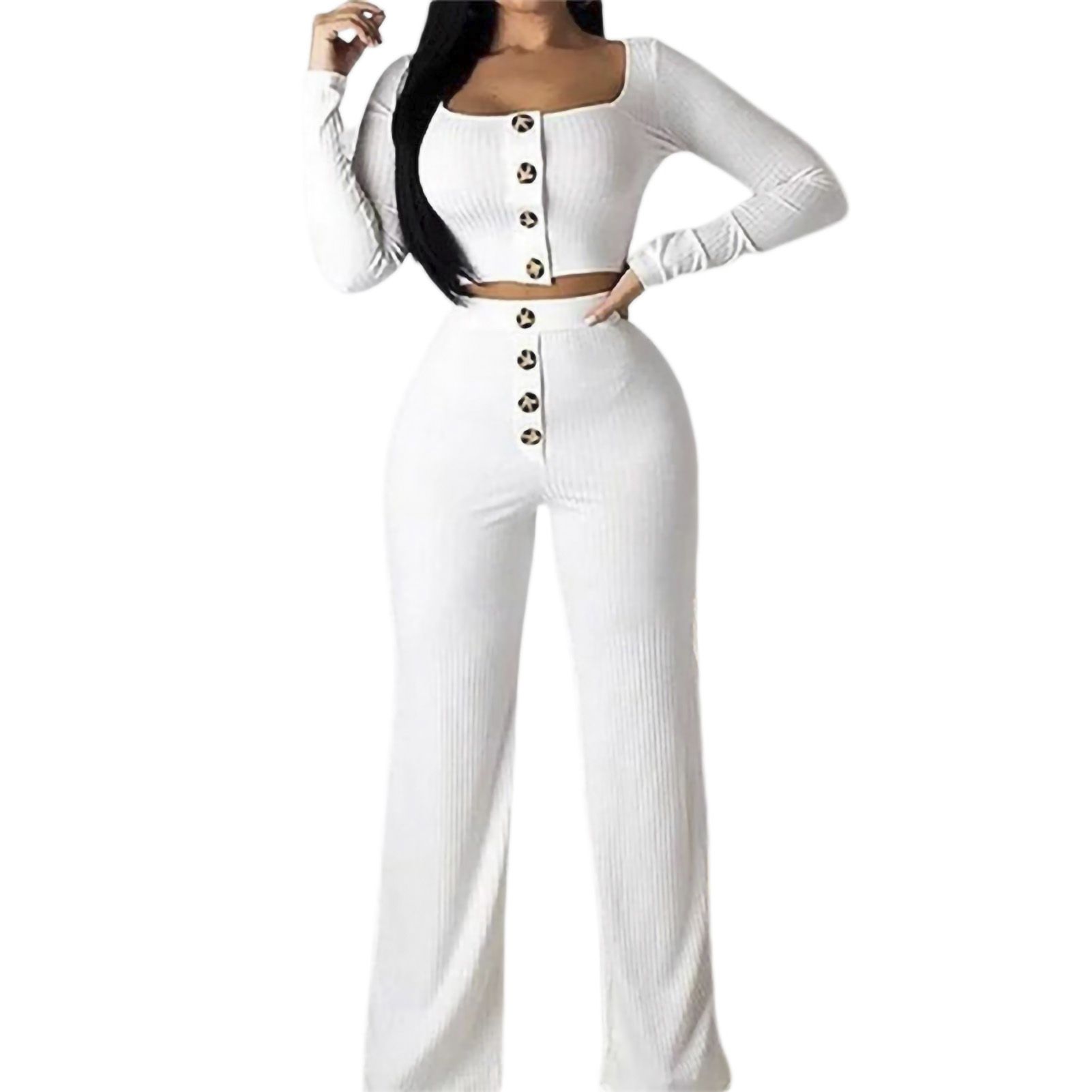 Women Outfit Square Neck Tament Buttons Coat Trousers