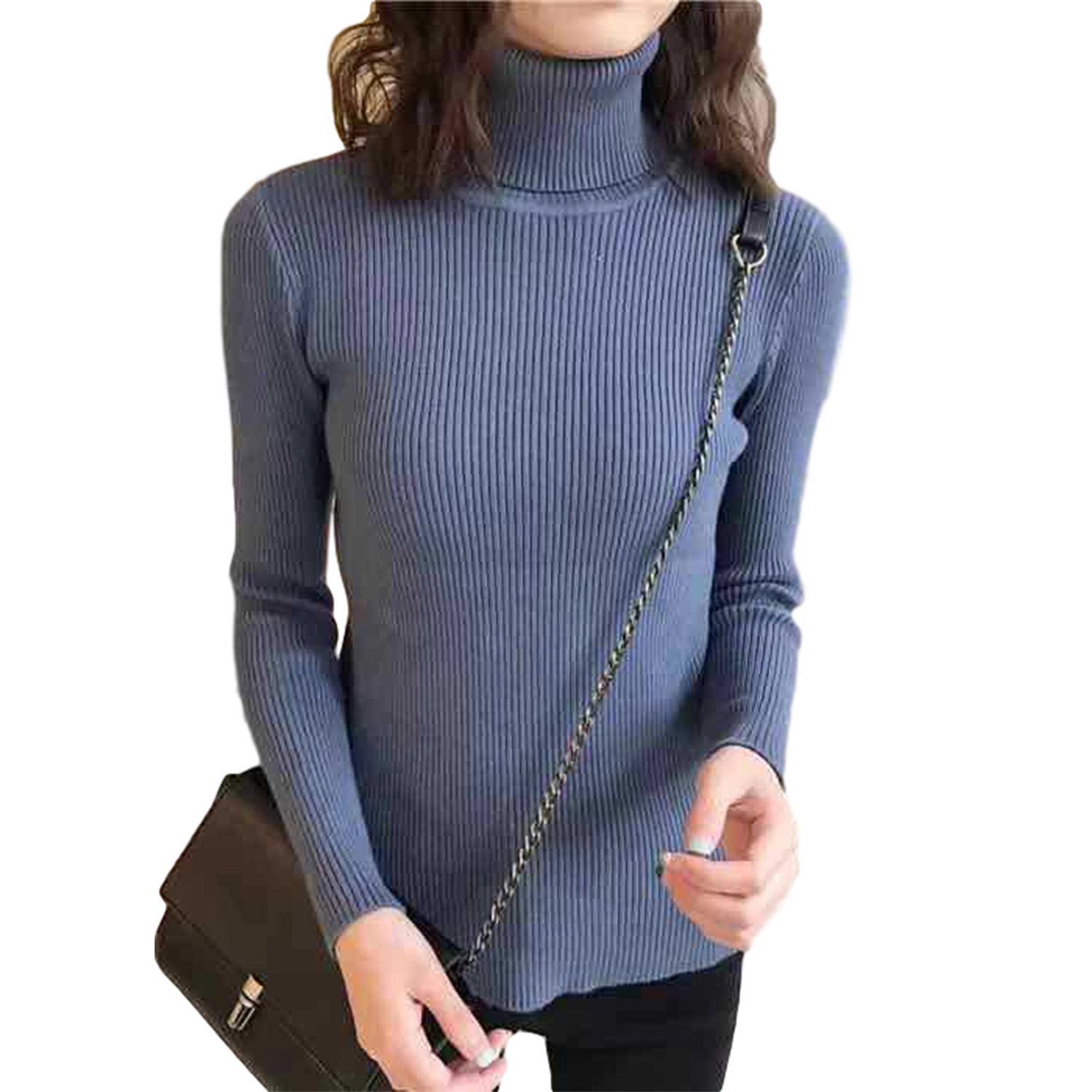Women Stylish Long Sleeve High Collar Top Fashion Solid Color Knitwear for Ladies